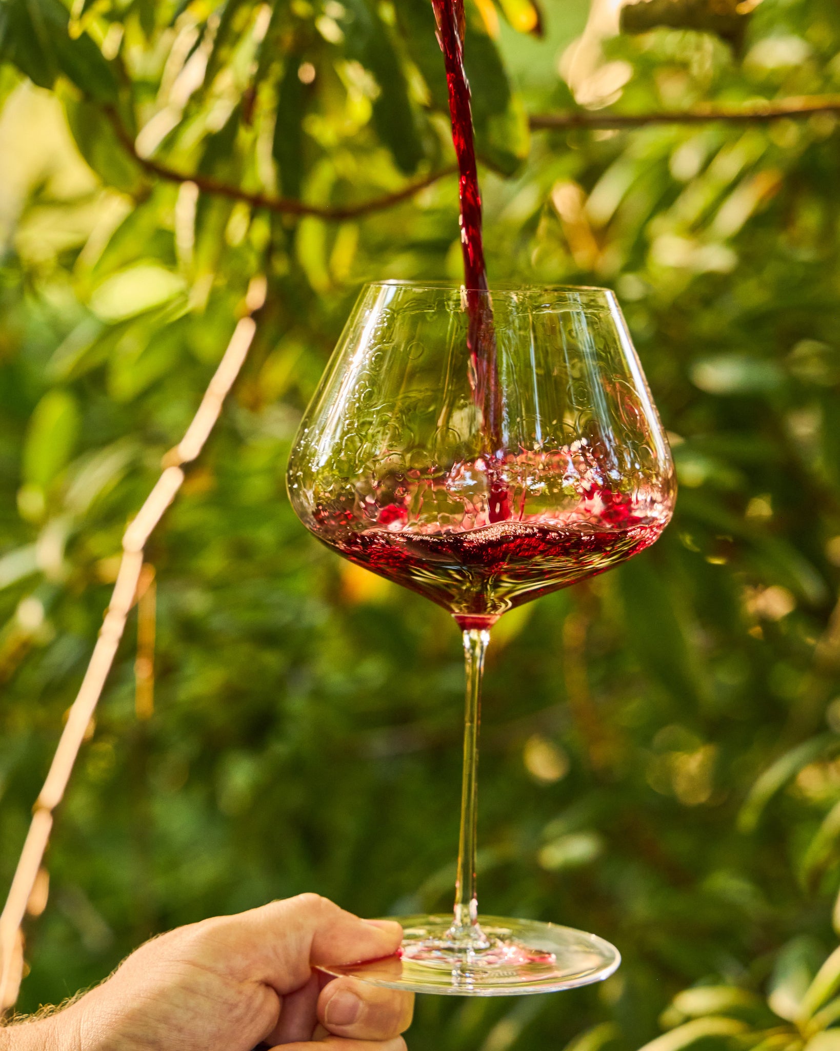 Red wine being poured into a clear stemmed Zalto Balance wine glass held by a hand, set against a blurred green outdoor background with leaves and sunlight.